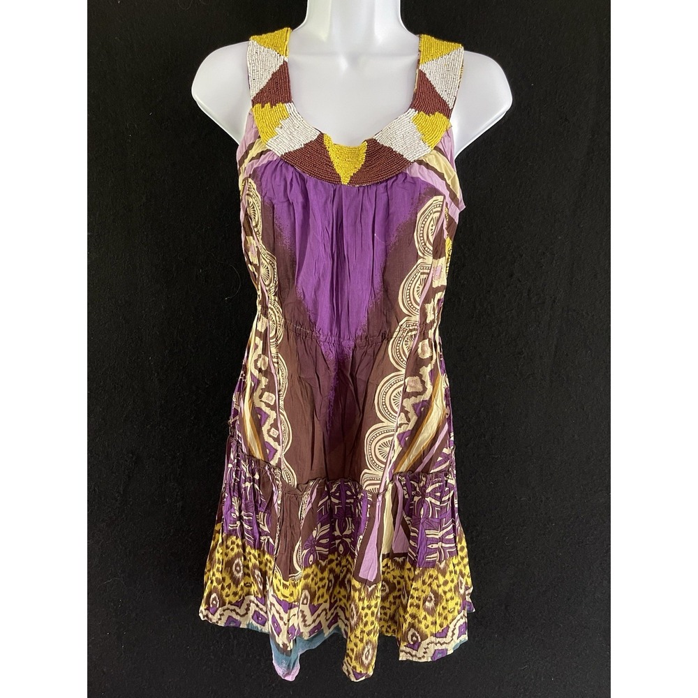 Chaundry‎ Boho Tribal Print Mini Dress Beaded Purple Small 100% Cotton
